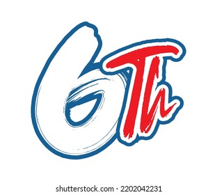 6th Ordinal Number counting vector art illustration with stunning font on red trim blue on white background