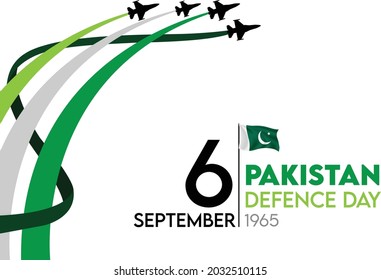 6th September 1965. Happy Defence Day. air force airplane with  green background line.Pakistan Air Force Aircraft on white background