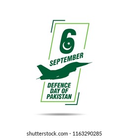 6th September. Happy Defence Day. English Typography with Pakistan Air Force aircraft in silhouette on white background