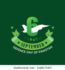 6th September. Happy Defence Day. English Typography with Pakistan Air Force aircraft in silhouette with ribbon on green background