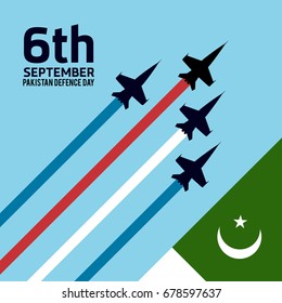 6th Septermber. Happy Defence Day. Pakistan Flag with Airplanes on blue  background