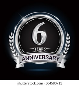 6th silver anniversary logo with laurel wreath, ribbon and silver ring. vector design