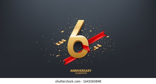 6th Year anniversary celebration background. 3D Golden number wrapped with red ribbon and confetti on black background.