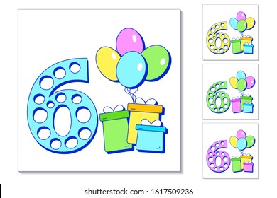 6th year anniversary celebration card. Greeting card with number 6, colorful balloons and gifts. Set of different color cards for boy or girl