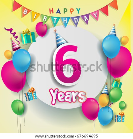 6th years Anniversary Celebration, birthday card or greeting card design with gift box and balloons, Colorful vector elements for the celebration party of six years anniversary.