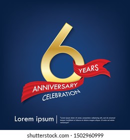 6th years anniversary celebration emblem. anniversary elegance golden logo with red ribbon on dark blue background, vector illustration template design for celebration greeting and invitation card