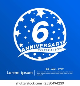 6th years anniversary celebration emblem. white anniversary logo isolated with ribbon and stars ball on blue background. vector illustration template design for web, flyers, poster, greeting card