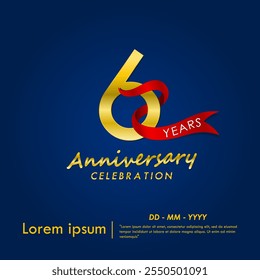 6th years anniversary celebration emblem. elegant golden anniversary logo isolated with red ribbon on dark blue background. vector illustration template design for web, flyers, poster, greeting