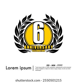 6th years anniversary celebration emblem. anniversary logo isolated with laurel wreath on white background. vector illustration template design for web, flyers, poster, invitation card, greeting card