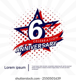 6th years anniversary celebration emblem. anniversary star logo isolated with red ribbon and star. vector illustration template design for web, flyers, poster, invitation card, greeting card