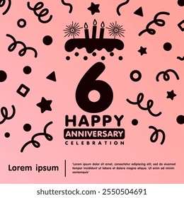 6th years anniversary celebration emblem. Happy anniversary logo isolated birthday cake and candle with confetti line doodle on pastel pink background. vector illustration template design for web, fly