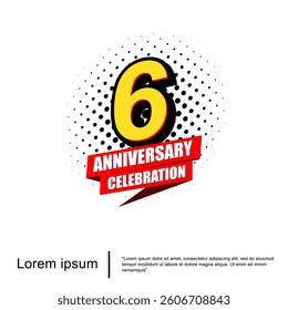 6th years anniversary celebration emblem. anniversary logo isolated with red ribbon on white background. vector illustration template design for web, flyers, poster, greeting card, invitation card 