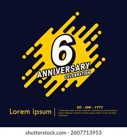 6th years anniversary celebration emblem. anniversary logo isolated with diagonal rounded lines geometric shape on dark blue background. vector illustration template design