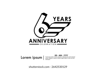 6th years anniversary celebration emblem. black anniversary logo isolated with ribbons on white background. vector illustration template design for web, flyers, poster, invitation and greeting card