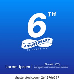 6th years anniversary celebration emblem. white anniversary logo isolated with infinity circle ribbon on blue background. vector illustration template design for web, flyers, poster, greeting card