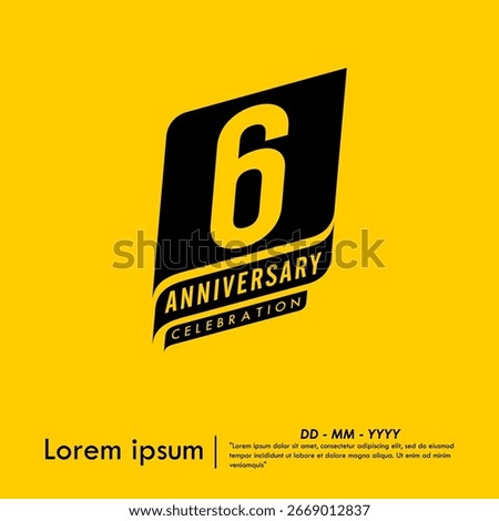 6th years anniversary celebration emblem. congratulations anniversary black logo isolated with ribbons on yellow background. vector illustration template design for web banner.