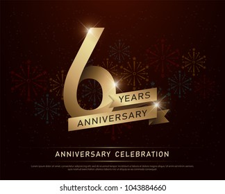 6th years anniversary celebration gold number and golden ribbons with fireworks on dark background. vector illustration