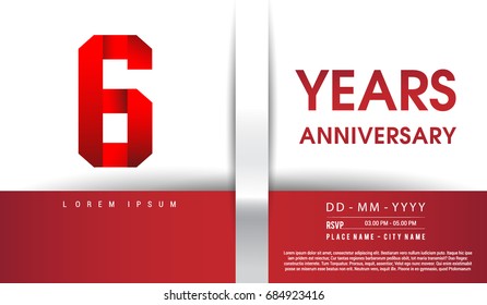 6th Years Anniversary celebration logo, flat design isolated on red and white background, vector elements for banner, invitation card and birthday party.