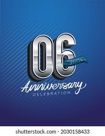 6th years anniversary celebration logotype with silver color and blue ribbon isolated on blue background