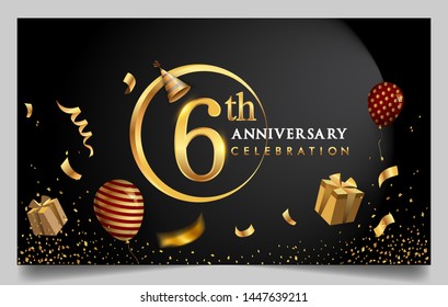 6th years anniversary design for greeting cards and invitation, with balloon, confetti and gift box, elegant design with gold and dark color, design template for birthday celebration.