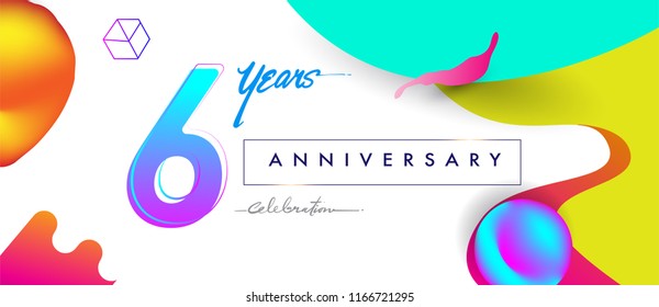 6th years anniversary logo, vector design birthday celebration with colorful geometric background and futuristic elements