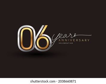 6th years anniversary logotype with multiple line silver and golden color isolated on black background for celebration event.