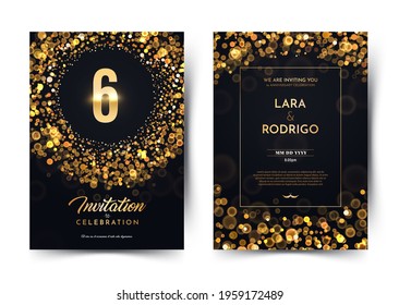 6th years birthday vector black paper luxury invitation double card. Six
years wedding anniversary celebration brochure. Template of invitational for print on dark background with bokeh lights 