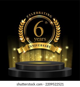 6th years golden anniversary logo celebration with ring ribbon and 3d podium. isolated on black background
