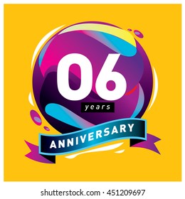 6th years greeting card anniversary with colorful number and frame. logo and icon with circle badge and background