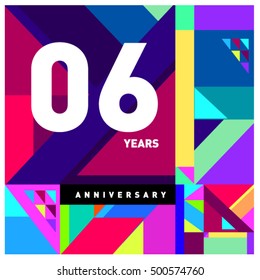 6th years greeting card anniversary with colorful number and frame. Memphis style cover and design template