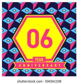 6th years greeting card anniversary with colorful number and frame. logo and icon with Memphis style cover and design template