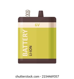 6V power battery pack icon. 6 V energy dry li-ion baterry of rectangle shape. Six volt, voltage lithium source for electric devices. Colored flat vector illustration isolated on white background