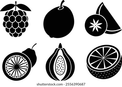 6-vector silhouette fruits icon set features a collection of fruit icons in a clean and minimalist style.