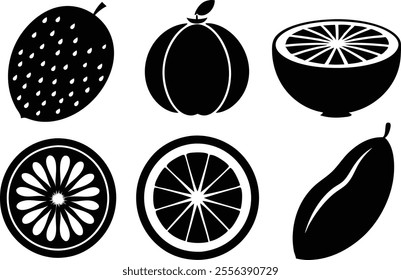 6-vector silhouette fruits icon set features a collection of fruit icons in a clean and minimalist style.