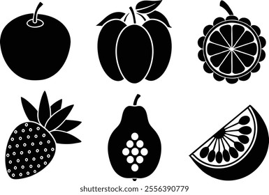 6-vector silhouette fruits icon set features a collection of fruit icons in a clean and minimalist style.