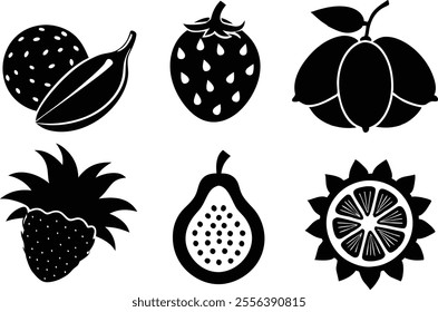 6-vector silhouette fruits icon set features a collection of fruit icons in a clean and minimalist style.