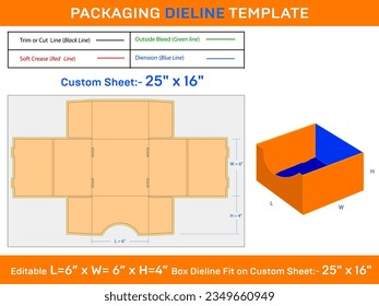 6x6x4 inch Standard Tray Box Dieline Template