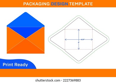 6x8.25 inch Packaging Pointed flap envelope dieline template and 3D envelope