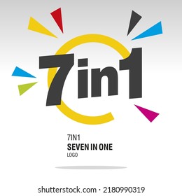 7 in 1 logo design, letters in broken circle with colorful bang of confetti on white background