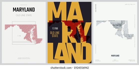 7 of 50 sets, US State Posters with name and Information in 3 Design Styles, Detailed vector art print Maryland map