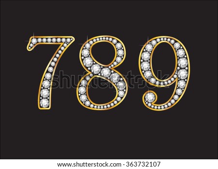 7, 8 and 9 in stunning diamond precious round jewels set into a 2-level gold gradient channel setting, isolated on black. Vector EPS-10 file, transparency used. 