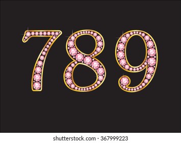 7, 8 and 9 in stunning pink rose quartz semi-precious round jewels set into a 2-level gold gradient channel setting, isolated on black. Vector EPS-10 file, transparency used. 