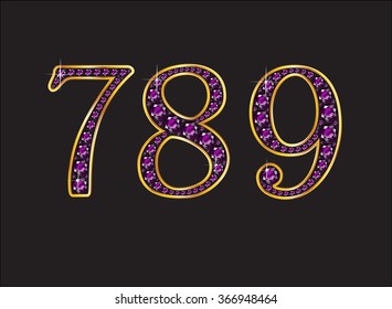 7, 8 and 9 in stunning purple amethyst precious round jewels set into a 2-level gold gradient channel setting, isolated on black. Vector EPS-10 file, transparency used. 