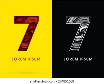 7 ,Abstract Number , font, concept  Spin, designed using red,black and white, grunge brush, sign.