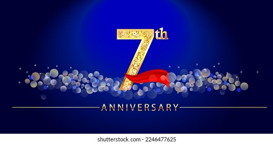 7 anniversary celebration. 7th anniversary celebration. 7 year anniversary celebration logo with glitter, confetti, red ribbon and blue background.