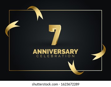 7 Anniversary celebration with gold number on square frame and ribbon background. 