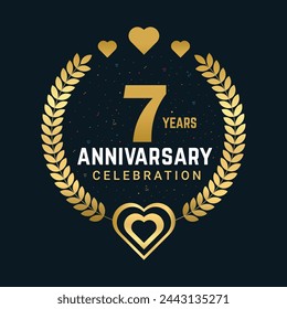 7 Anniversary celebration vector design, golden color and element 7 years Anniversary design.