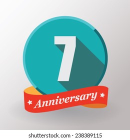 7 Anniversary   label with ribbon. Flat design.