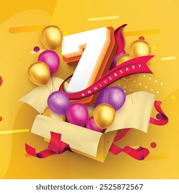 Plantilla del logotipo del 7 aniversario en una caja de regalo con un fondo amarillo y globos. Celebración del séptimo aniversario con una cinta roja y globos. Concepto de caja de regalo para una tarjeta de invitación de aniversario.