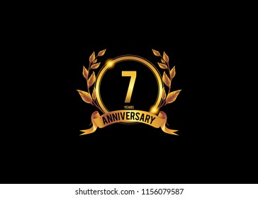 7 anniversary template design for web, Anniversary logo with ring golden colored isolated and wreath on black background